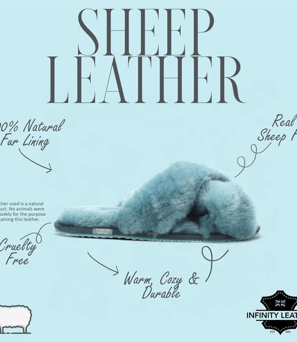Women's Sheepskin Slippers Teal Warm Winter Fur Crossover - Snowbelle