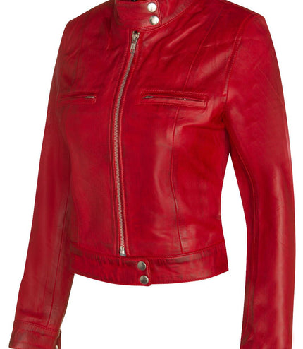 Womens Plain Leather Moto Biker Jacket-Braga - Red