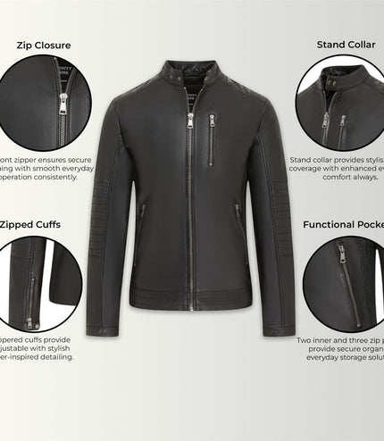 Men's Quilted Black Lamb Leather Biker Jacket - Formula