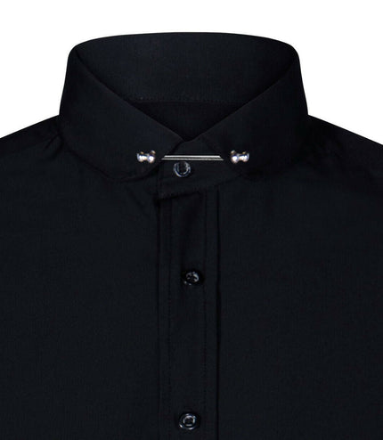 Mens Club Collar Black Shirt 1920s Peaky Blinders With Bar Poplin Pin Smart