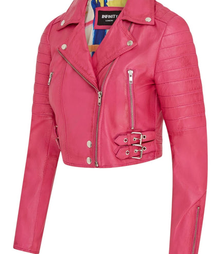 Womens Cropped Brando Leather Biker Jacket-Damascus - Fuschia