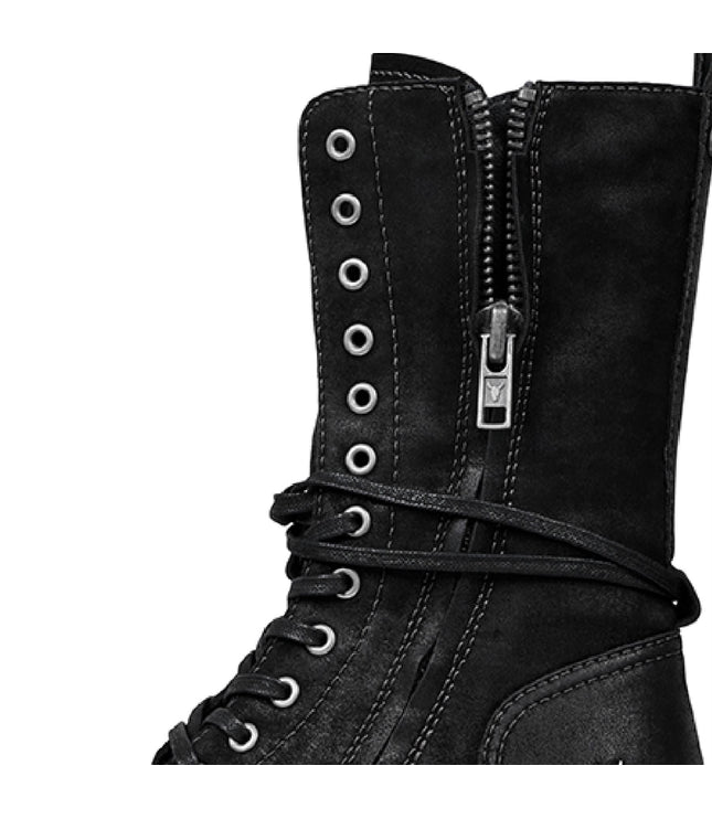 Windsorsmith Womens Black Suede Combat Boots Mid-Calf Lace-Up Biker Shoes - Gather
