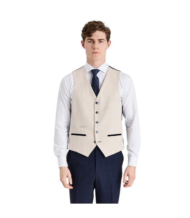 Men's Check Navy Blazer Cream Waistcoat Wedding 3 Piece Suit - Regent