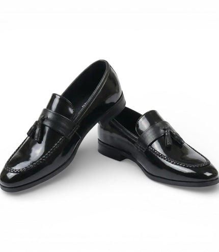Mens Black Tassel High-Gloss Patent Faux Leather Formal Loafers Shoes