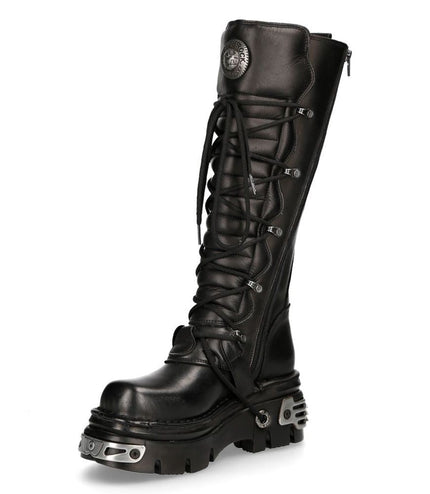 New Rock Knee High Black Leather Gothic Boots - 272-S1
