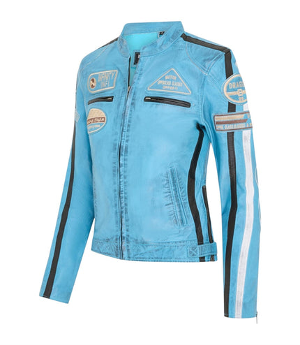 Womens Biker Racing Badges Leather Jacket-Eastleigh - Baby Blue