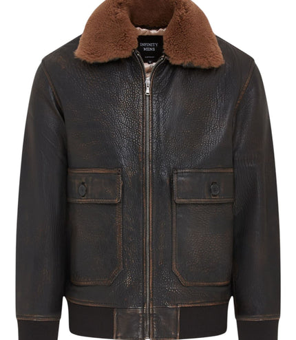 Men's Brown Leather Bomber Sheepskin Collar G-1 Pilot Jacket - Trick