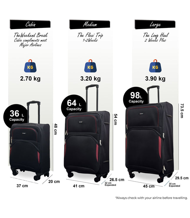 Gosford Set of 3 Soft Shell Suitcase in Black