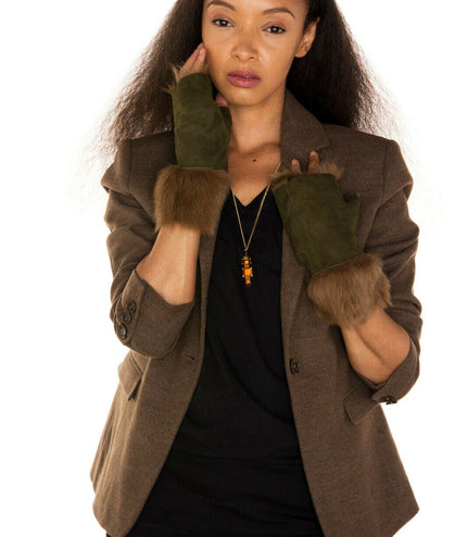 Womens Shearling  Mittens Fingerless Cuffs Toscana Suede Sheepskin Fur - Olive
