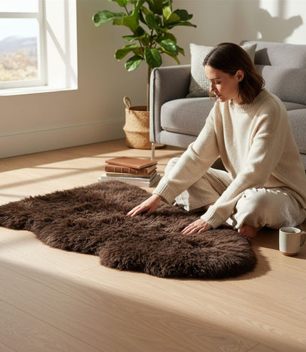 Genuine Chocolate Brown Sheepskin Natural Silky Soft Fluffy Real Wool Rug