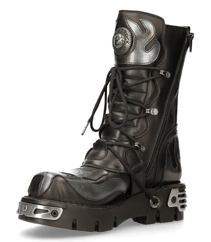 New Rock Flame Accented Black/Silver Leather Biker Boots - 107-S2