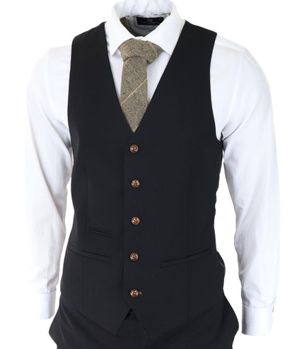 Mens Black 3 piece Suit Brown Trim Classic Birdseye Vintage Wedding Grooms