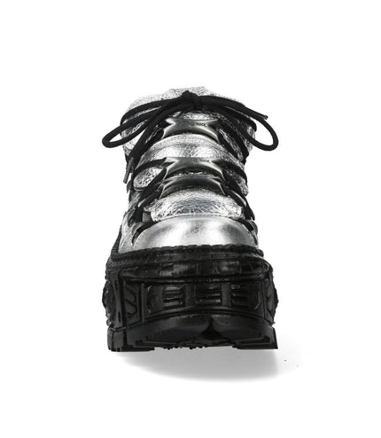 New Rock M-106Wall-C29 Metallic Silver Black Leather Gothic Ankle Boots