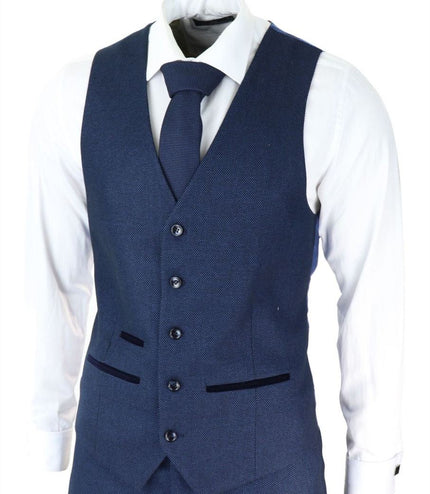 Mens 3 Piece Navy Blue Birdseye Tweed Classic Suit