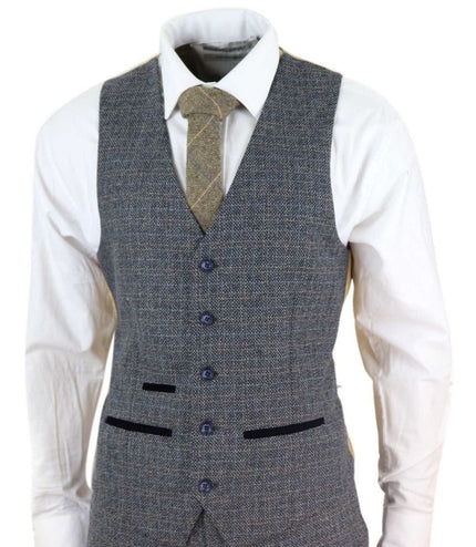 Mens 3 Piece Navy Blue Tweed Check Vintage Retro Suit
