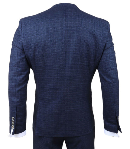 Men's Blue Plain Check 3 Piece Slim Fit Formal Wedding Suit