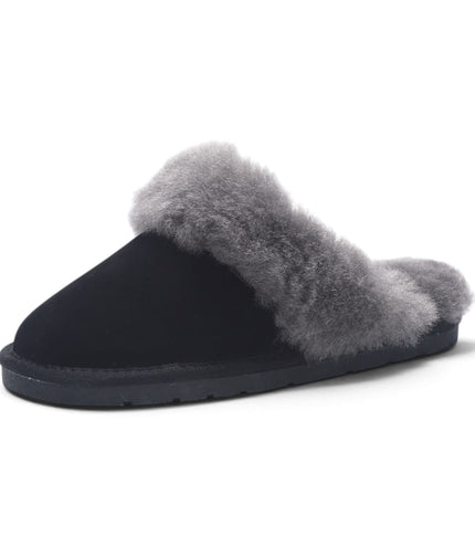 Women's Genuine Sheepskin Black Suede Mule Winter Slippers - Luna