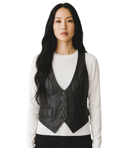 Womens Black Leather Waistcoat Biker Vest - MAM-WC
