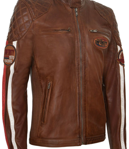Men's Classic Striped Racing Leather Jacket- Barcelona - Tan