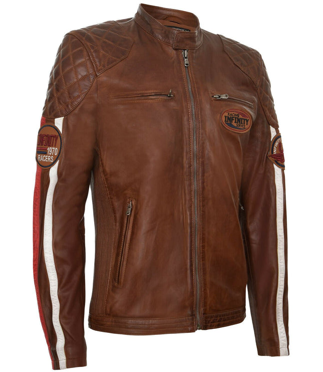 Men's Classic Striped Racing Leather Jacket- Barcelona - Tan