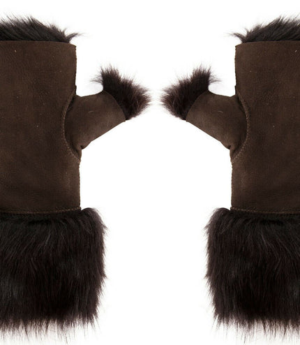 Womens Shearling  Mittens Fingerless Cuffs Toscana Suede Sheepskin Fur - Brown