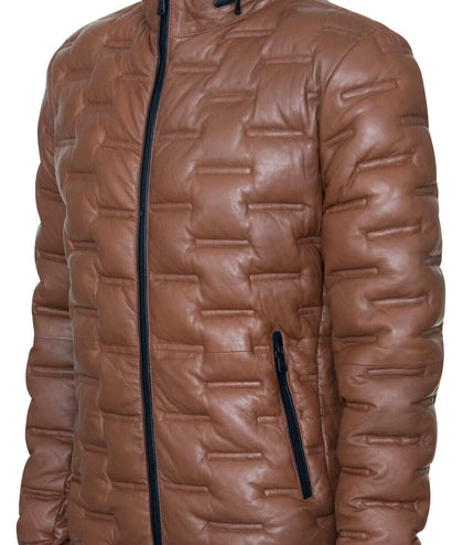 Men's Puffer Quilted Bomber Leather Jacket - Recife - Tan