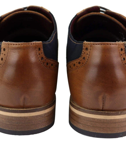 Mens Classic Navy Suede Oxford Brogue Derby Shoes In Tan Leather