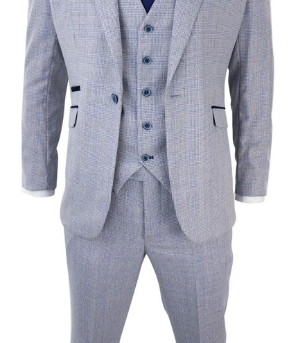 Mens 3 Piece Tweed Suit Light Blue Check Peaky Blinders 1920 Gatsby Wedding Suit