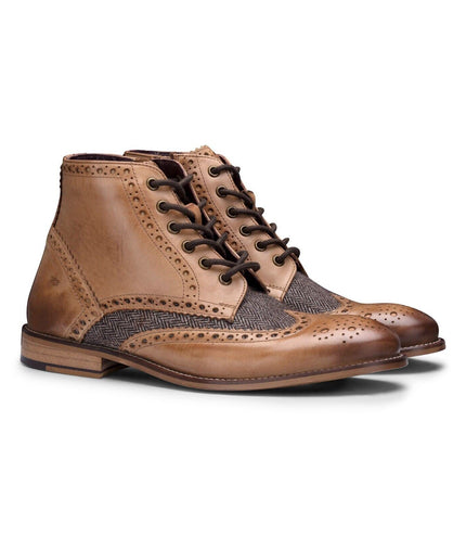 Mens Classic Oxford Tan Leather Gatsby Brogue Ankle Boots With Tweed
