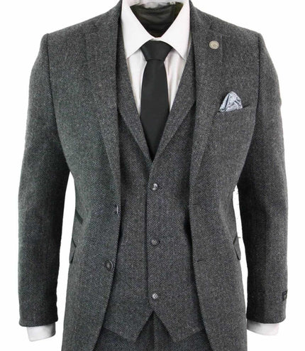 Men's 3 Piece Charcoal Grey Herringbone Tweed Suit