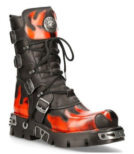 New Rock 591-S1 red and black gothic leather boot three-quarter angle