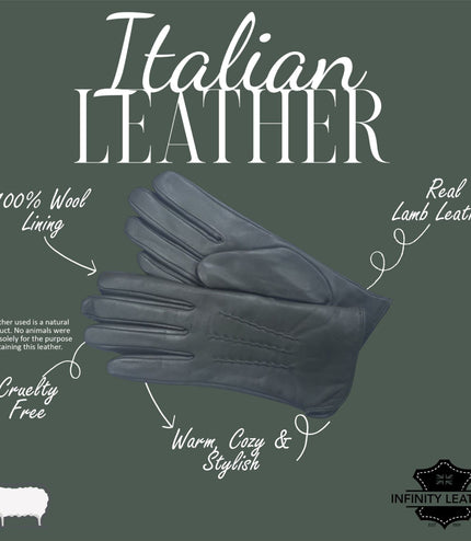 Womens Olive Green Italian Leather Winter Stitch Line Design Soft Wool Lining Gloves - L-GLV-301