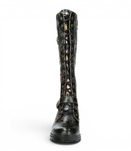Laura Vita Women's Victorian Floral Black Leather High Lace-Up Long Boots - Cocrailo-82