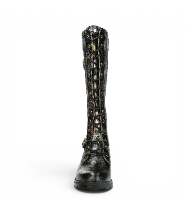 Laura Vita Women's Victorian Floral Black Leather High Lace-Up Long Boots - Cocrailo-82
