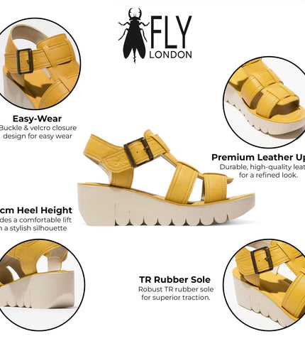 Fly London Women's Yudd236Fly Bumblebee Yellow Mousse Leather Wedge Sandals