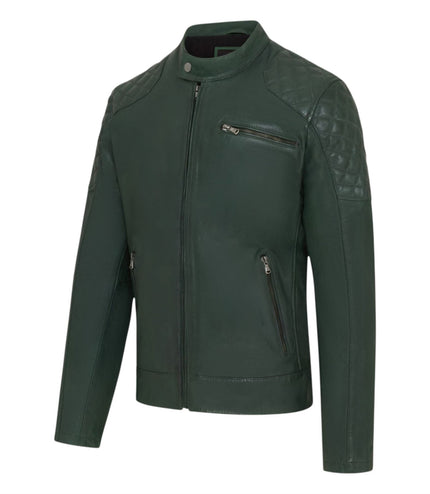 Mens Green Leather Quilted Shoulder Biker Jacket - Rock