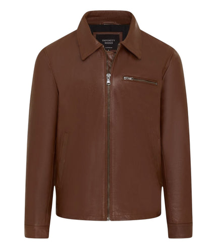 Mens Leather Tan Harrington Collar Biker Jacket - Arick