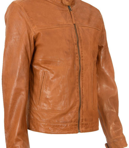 Men's Classic Fitted Leather Biker Jacket-Austin - Tan