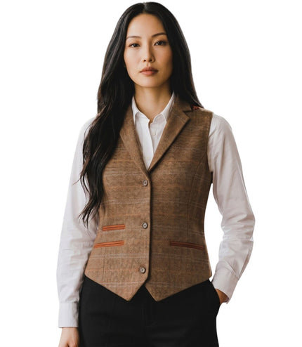 Women's Oak Brown Tailored Fit Tweed Waistcoat Formal Vest - TPSTZ-7