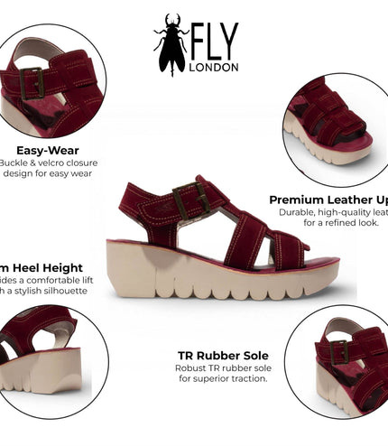 Fly London Women's BAIC621FLY Berry Red Suede Leather Wedge Sandals