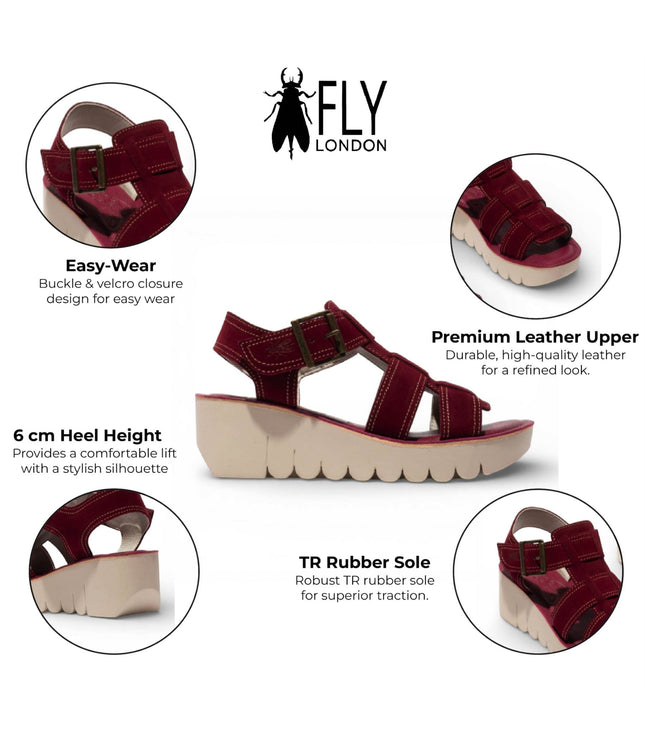 Fly London Women's BAIC621FLY Berry Red Suede Leather Wedge Sandals