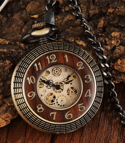 Antique Gold Wooden Half-Hunter Skeleton Alloy Pocket Watch