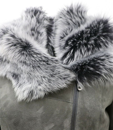 Womens Grey Suede Hooded Merino Sheepskin Coat-Monrovia