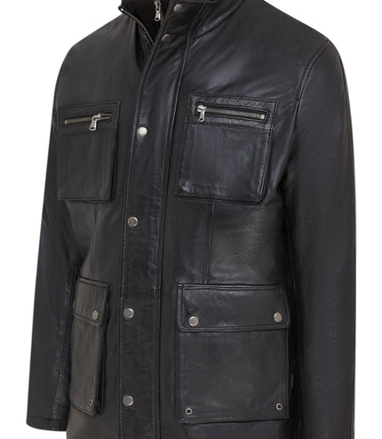 Men's Leather Military Jacket Outwear Trenchcoat - Field - Black