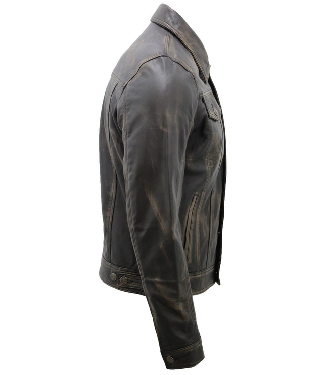 Men's Retro Leather Trucker Jacket-Constantine - Vintage Black