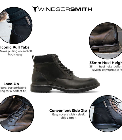 Windsorsmith Mens Black Leather Casual Chelsea Chukka Ankle Boots - Beau