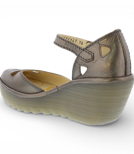 Fly London Women's Yuna Bronze Brown Leather Wedge Sandals