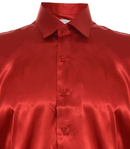 Mens Red Satin Silk Shirt Smart Casual Button Down Cuff Tailored Fit