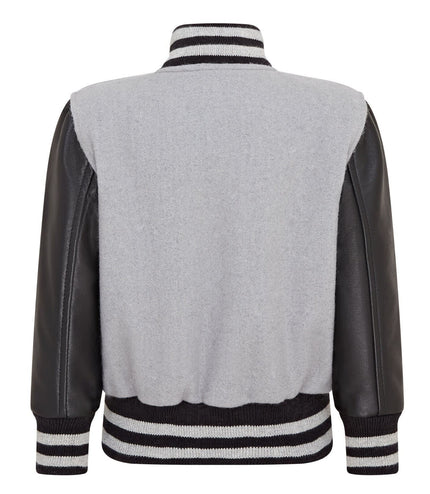 Kids Grey Wool Varsity Bomber Jacket with Real Leather Sleeves
