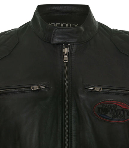 Men's Classic Striped Racing Leather Jacket- Barcelona - Black